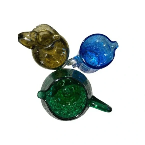 Vintage Crackle Glass Bud Vase Set Amber Green Blue Mini Pitcher Trio - Picture 5 of 15